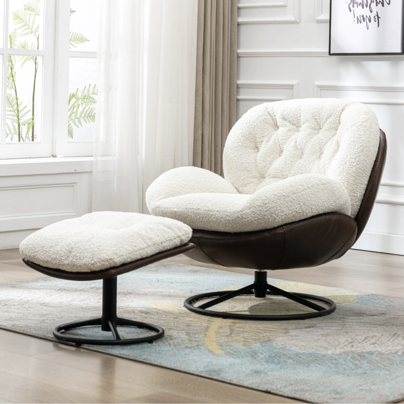 A white tufted accent chair with a matching ottoman, featuring a swivel base and upholstered in a textured fabric, is set in a bright room with wood floors and a patterned rug.