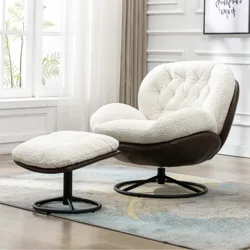 A white tufted accent chair with a matching ottoman, featuring a swivel base and upholstered in a textured fabric, is set in a bright room with wood floors and a patterned rug.