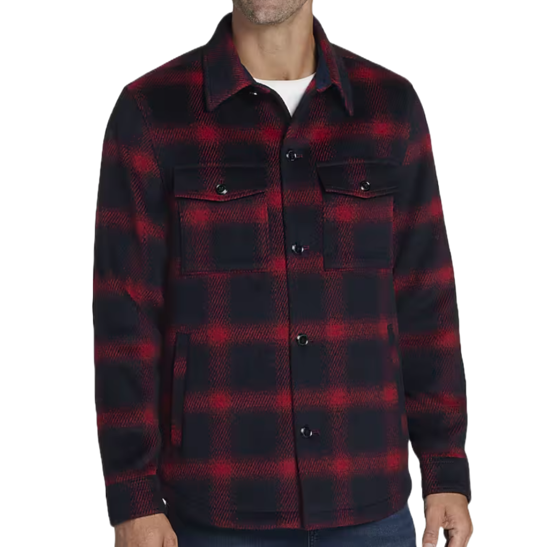 Red and black plaid shirt jacket with a button-up front, two chest pockets with flaps, and a classic collar. Made from a soft, warm fabric suitable for layering.