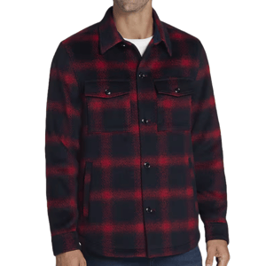 Red and black plaid shirt jacket with a button-up front, two chest pockets with flaps, and a classic collar. Made from a soft, warm fabric suitable for layering.
