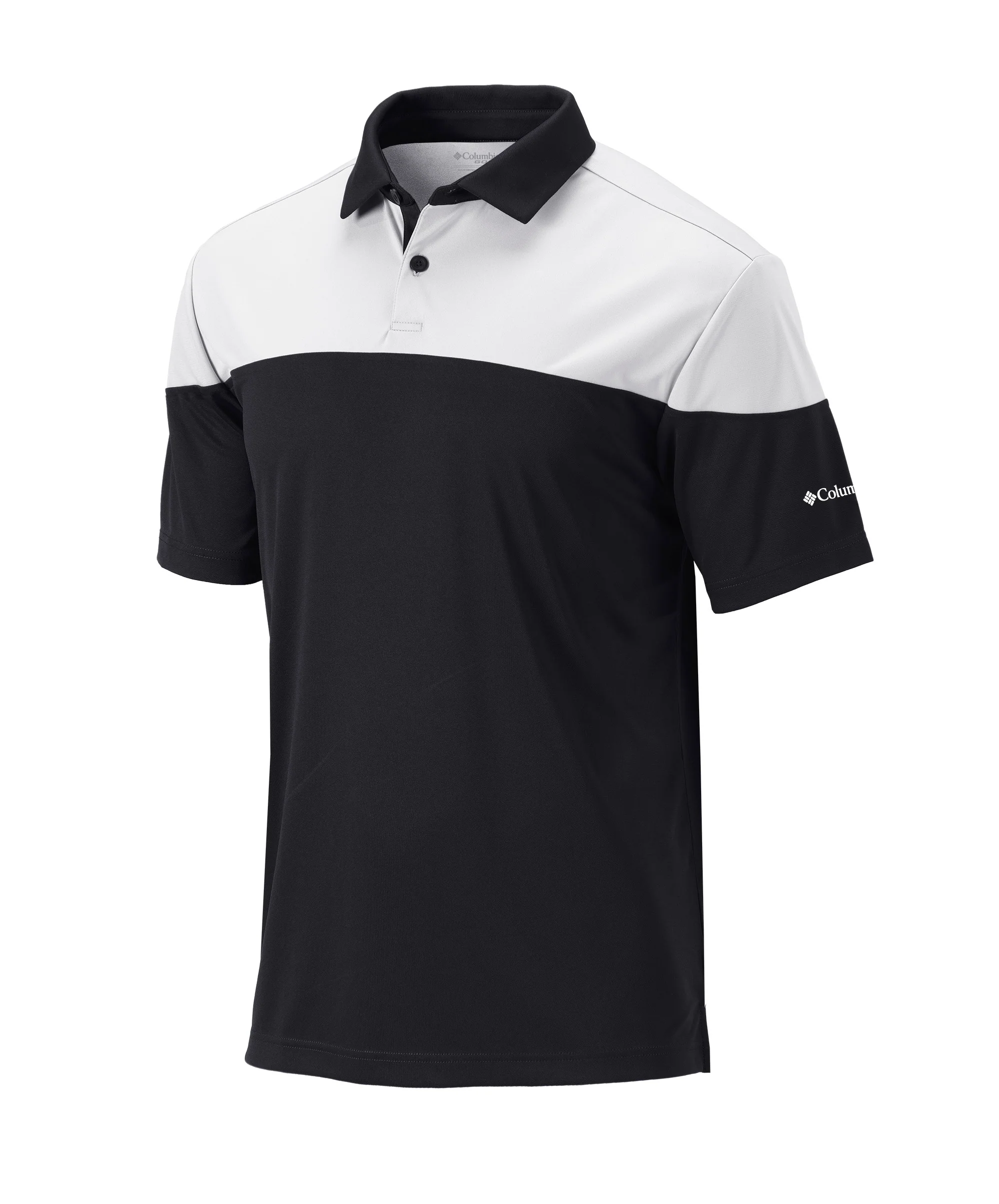 Men's short-sleeve polo shirt with a color-block design featuring white on the upper chest and shoulders, and black on the lower portion and sleeves. The brand logo is on the sleeve.