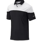 Men's short-sleeve polo shirt with a color-block design featuring white on the upper chest and shoulders, and black on the lower portion and sleeves. The brand logo is on the sleeve.