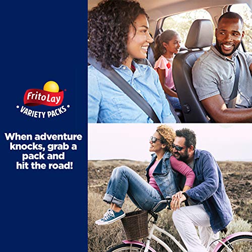 This is a promotional graphic for Frito-Lay Variety Packs featuring happy people on a car ride and a couple on a bicycle, emphasizing adventure with snacks.