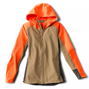 The Orvis Softshell Jacket features a tan body with bright orange accents on the hood and sleeves, a full front zipper, and side pockets. It combines style with functionality.
