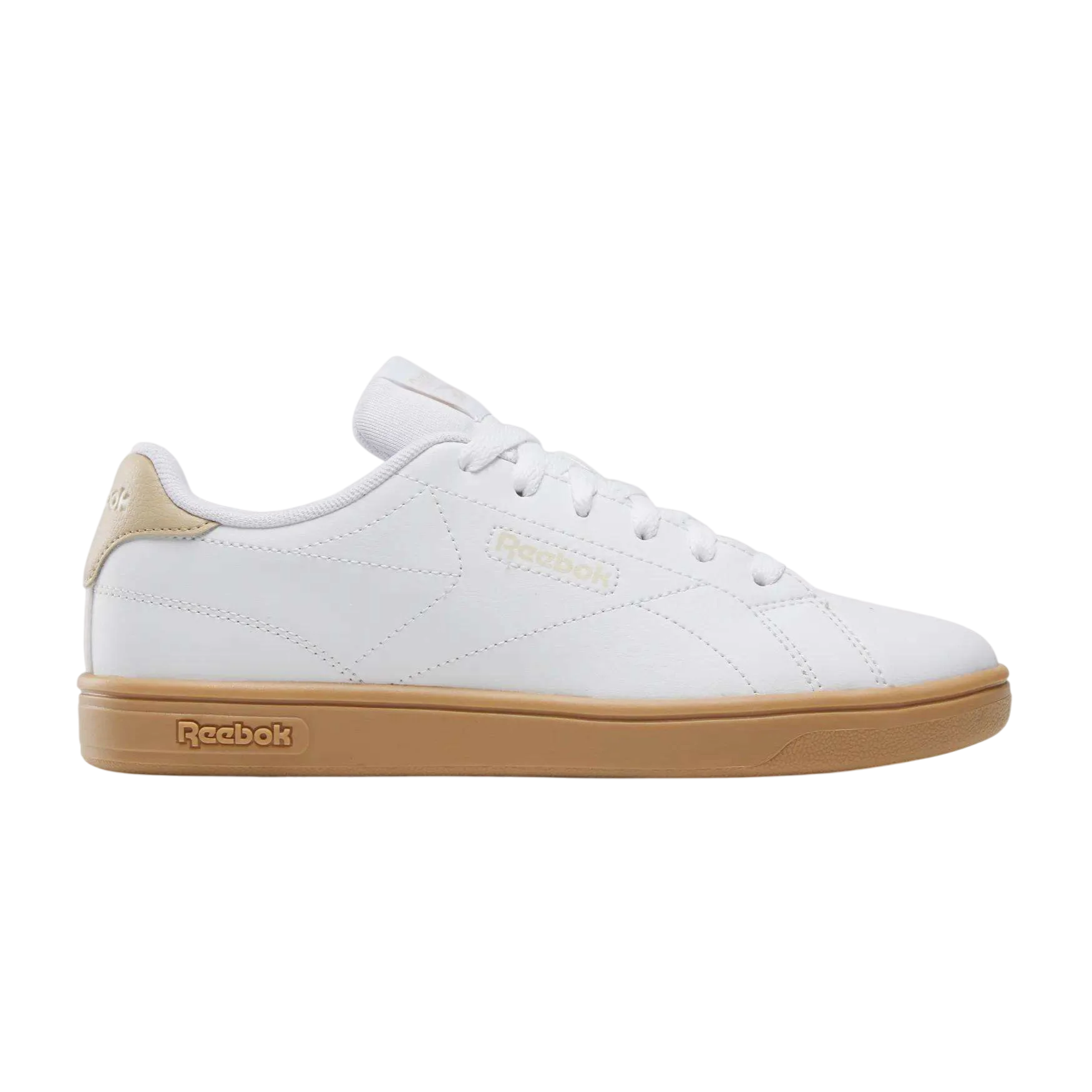 A white Reebok sneaker with beige accents and a gum sole, featuring a low-top design and lace-up closure.