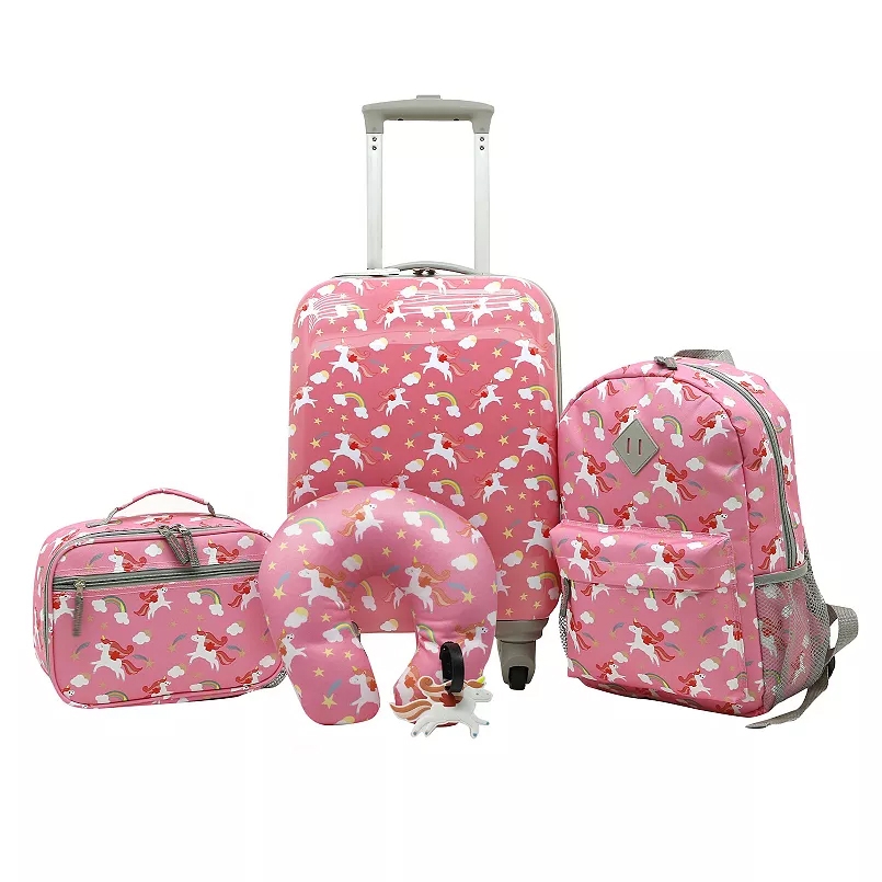 A pink luggage set with unicorn prints includes a suitcase, backpack, lunchbox, neck pillow, and luggage tag.