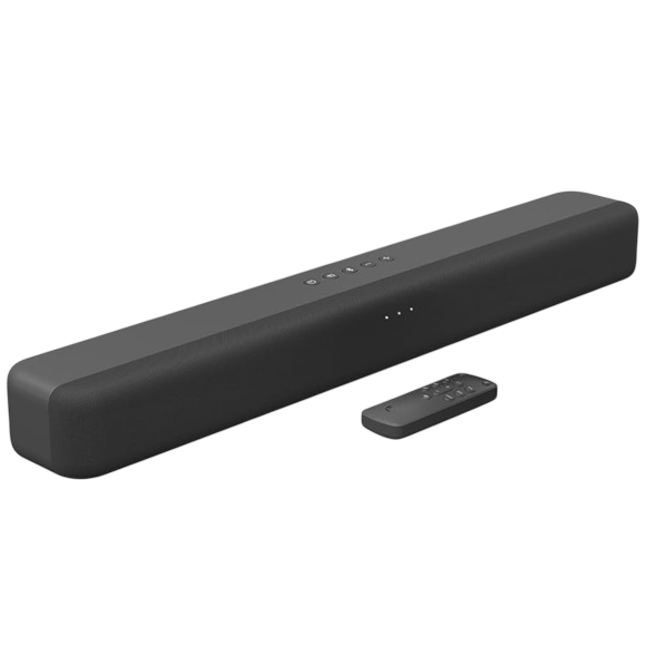 A black soundbar with a remote control, featuring several buttons on top for functions and connectivity options.