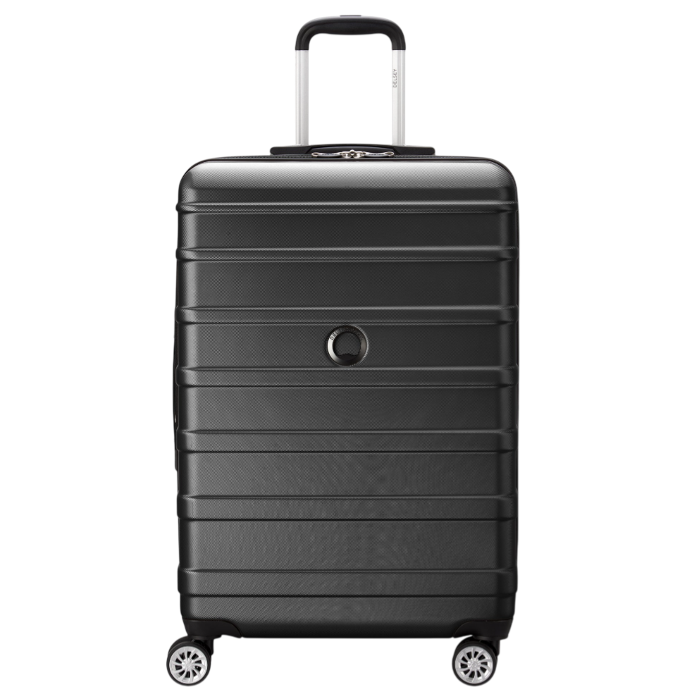 A black hard-shell suitcase with horizontal ridges, a retractable handle, four spinner wheels, and a circular logo in the center.