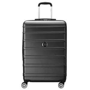 A black hard-shell suitcase with horizontal ridges, a retractable handle, four spinner wheels, and a circular logo in the center.