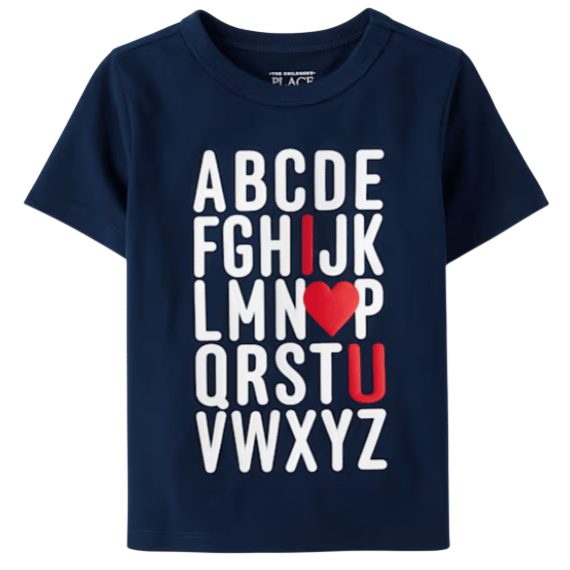Navy blue t-shirt featuring an alphabet design with the letters \“I,\“ a red heart, and \“U\“ highlighted to signify \“I love you.\“