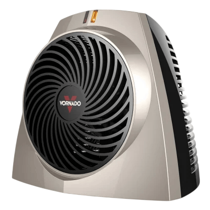 A Vornado space heater with a compact, sleek design featuring a front grill and control panel on top.
