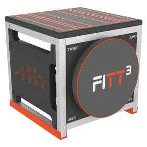 A multifunctional fitness cube labeled \“FITT3\“ with sections for twisting, jumping, and stepping, featuring illustrated exercise guides on the side.