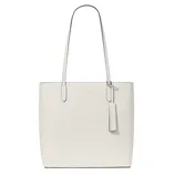 A white leather tote bag with long handles, featuring a tassel accent and subtle branding near the top.