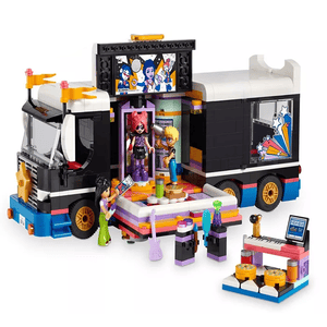 The Lego Friends Music Tour Bus set features a colorful tour bus with a stage, DJ booth, and three mini-doll figures. Accessories include musical instruments, a laptop, and performance props, ideal for imaginative play and music-themed adventures.