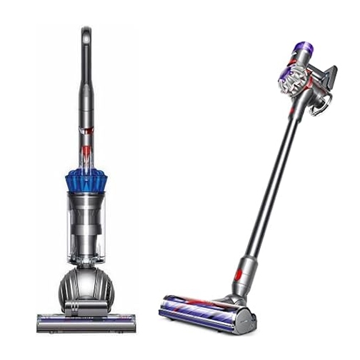 Upright and stick cordless vacuum cleaners side by side, both with modern designs.
