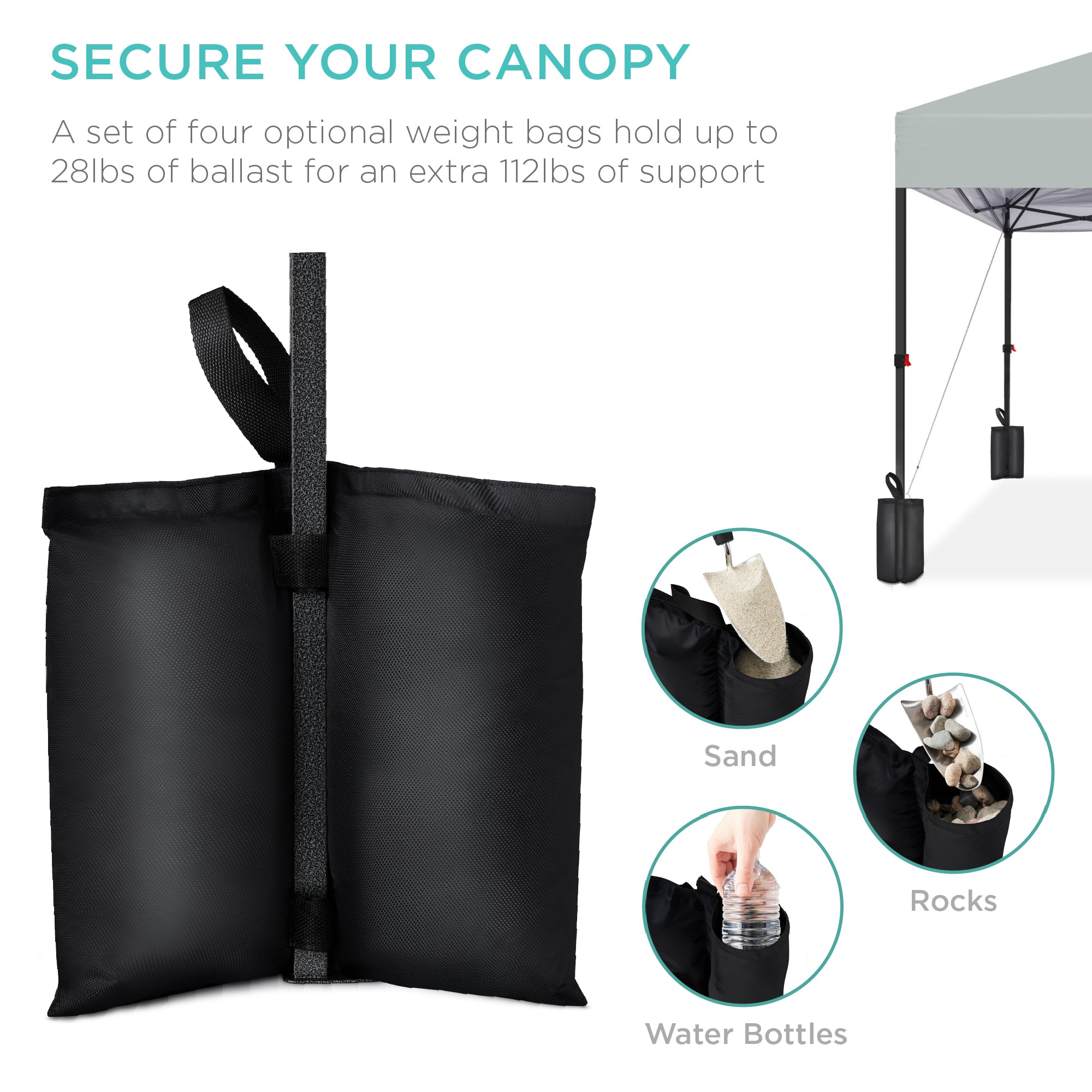 This is a black weight bag designed to secure canopies by being filled with ballast such as sand, rocks, or water bottles.