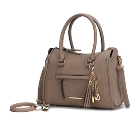 A taupe faux leather MKF satchel with dual handles, a detachable shoulder strap, and gold-tone chain and tassel accents. It features a top zipper and front zip pocket for added functionality.