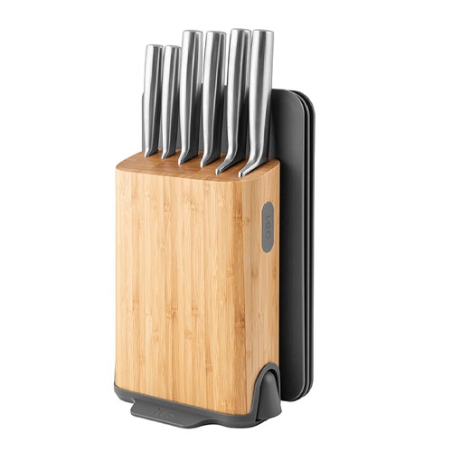 The 11-piece BergHoff Knife Block Set features stainless-steel knives housed in a sleek bamboo block with a contemporary design, including a built-in sharpener and space for additional blades or utensils.