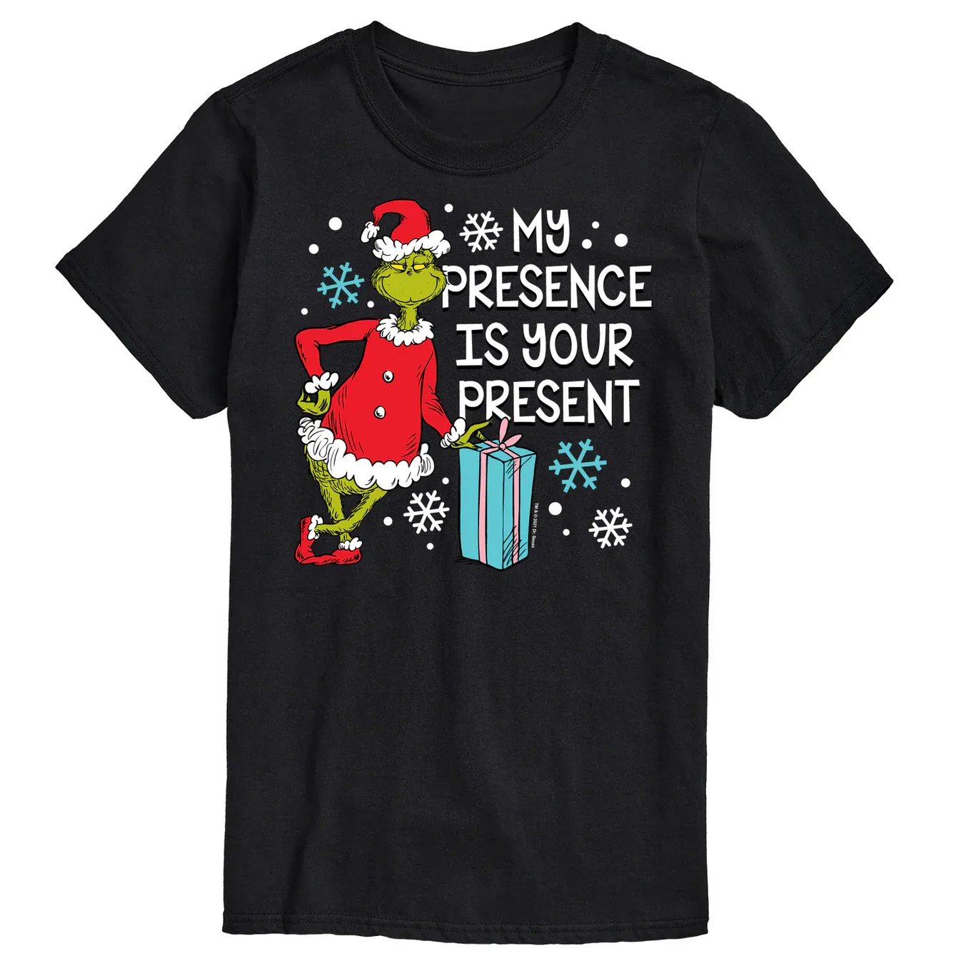 A black T-shirt features a character in a Santa outfit with the text \“MY PRESENCE IS YOUR PRESENT\“ alongside snowflake graphics and a gift box.