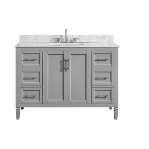 Gray bathroom vanity with marble countertop and built-in sink. Features multiple drawers and cabinet doors with silver handles.