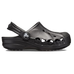 Black Crocs clog with holes for ventilation, a pivoting heel strap, and the Crocs logo on the side.