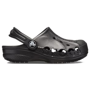 Black Crocs clog with holes for ventilation, a pivoting heel strap, and the Crocs logo on the side.