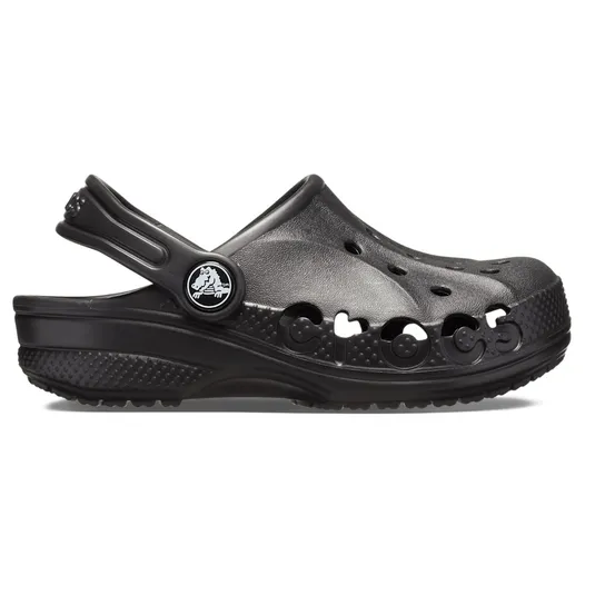 Black Crocs clog with holes for ventilation, a pivoting heel strap, and the Crocs logo on the side.