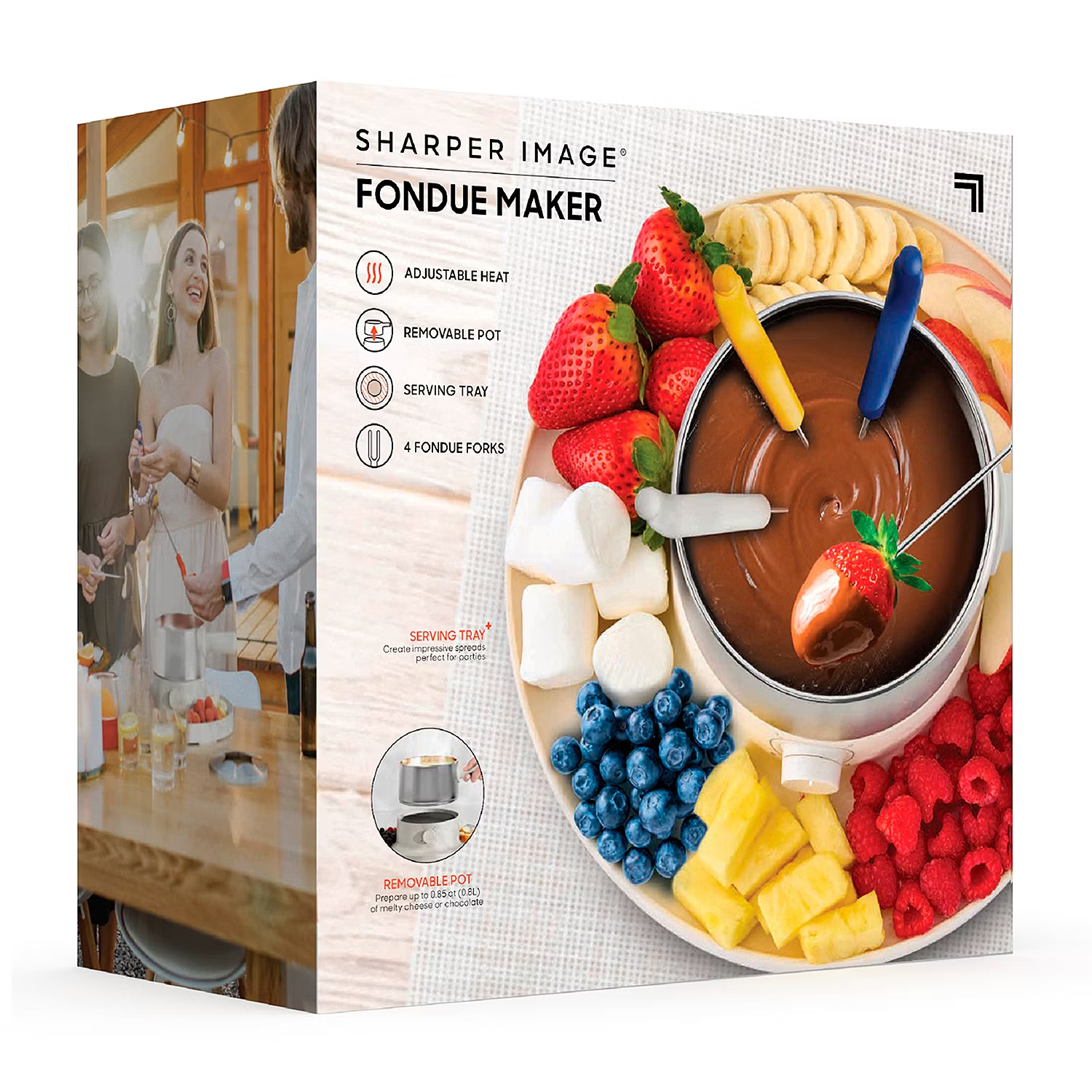 The Sharper Image Fondue Maker Set includes adjustable heat, a removable pot, a serving tray, and four fondue forks, featuring a chocolate fondue with fruits like strawberries, bananas, blueberries, pineapples, marshmallows, and raspberries for dipping.