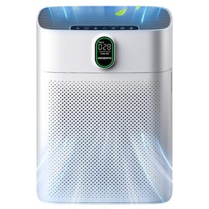 Large-room air purifier with a digital display for air quality and filter status, featuring a sleek design and perforated front for air intake.