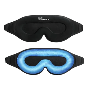 A black eye mask featuring gel inserts for hot or cold therapy, designed for pain relief and relaxation.