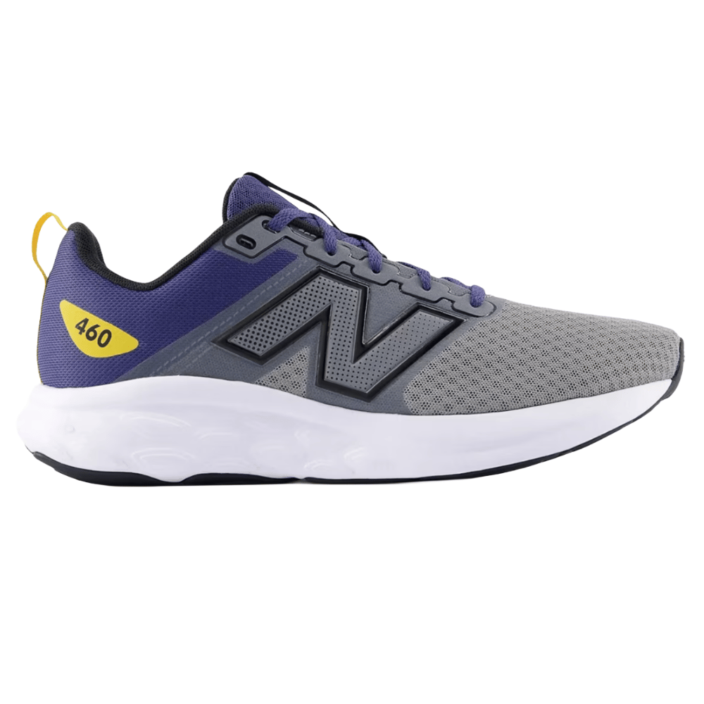 New Balance 460 running shoe featuring a gray and blue mesh upper, with a yellow accent on the heel and a white cushioned sole.