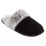 Black slip-on slipper with a textured upper and gray faux fur lining, offering a cozy and comfortable feel.