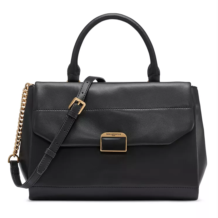 Karl Lagerfeld Liana Leather Satchel, black, features a structured design with top handles, adjustable shoulder strap with gold chain detail, and gold-tone hardware including a front clasp with the brand logo.