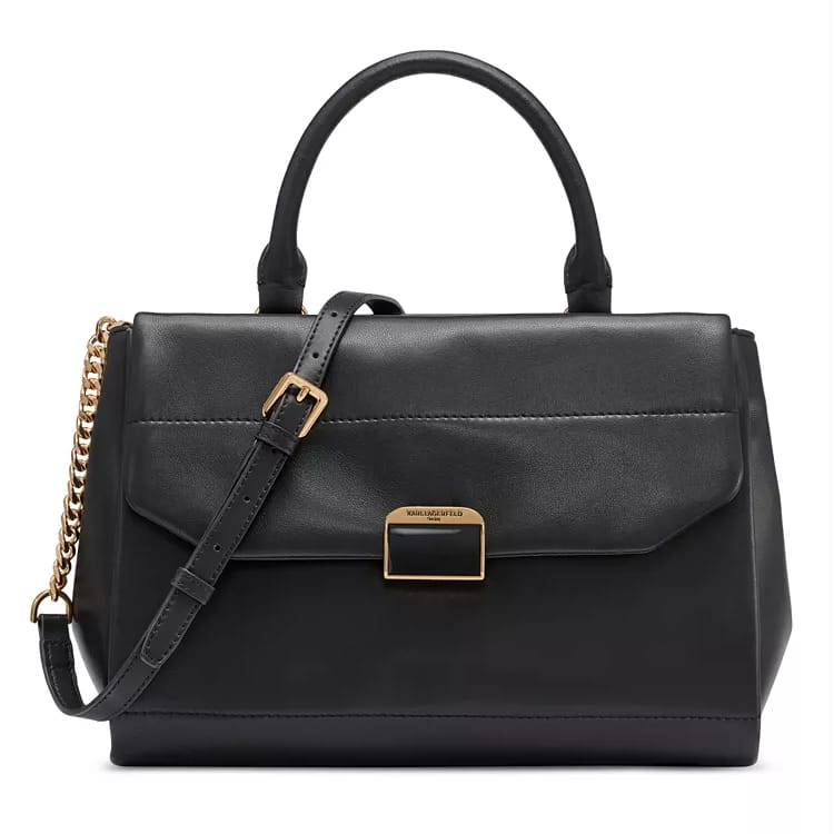 Karl Lagerfeld Liana Leather Satchel, black, features a structured design with top handles, adjustable shoulder strap with gold chain detail, and gold-tone hardware including a front clasp with the brand logo.