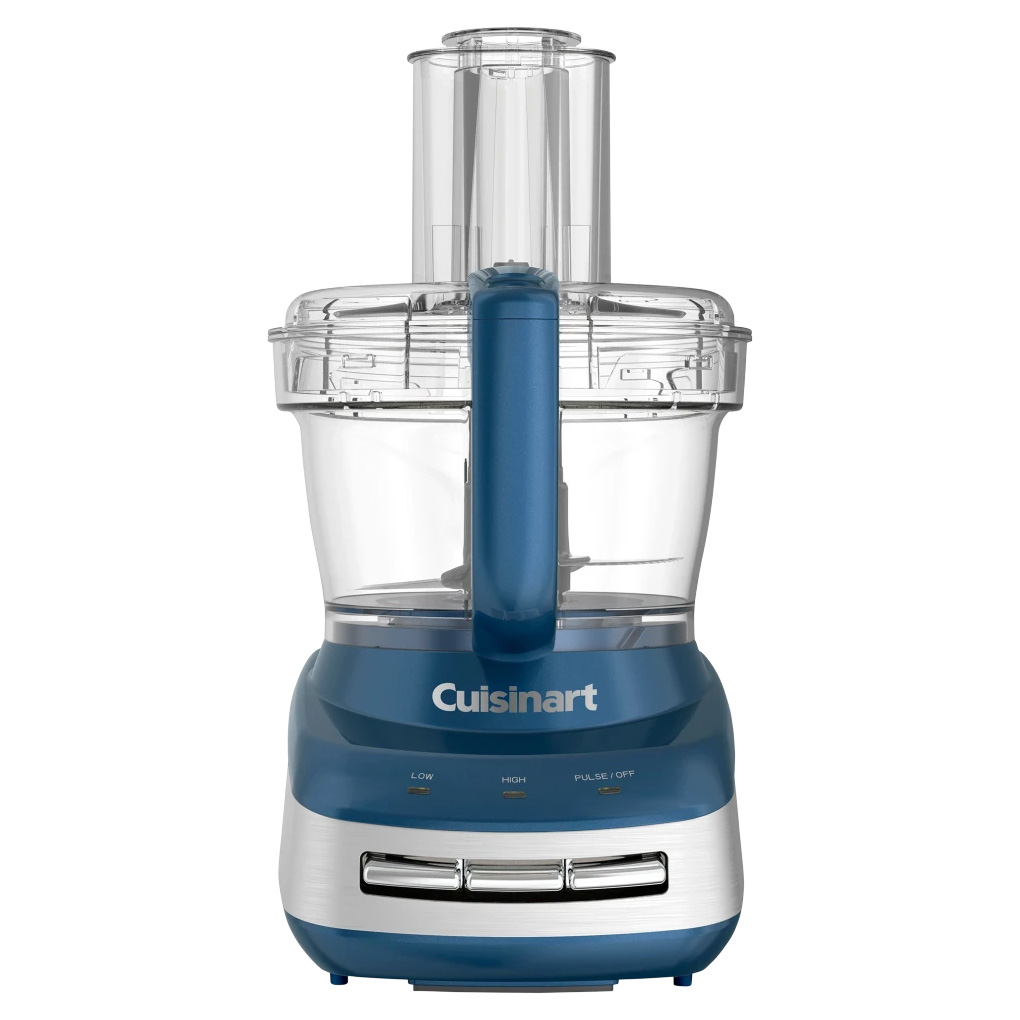 Cuisinart 10-Cup Food Processor in blue features a clear plastic mixing bowl with a handle, a feed tube, and controls labeled low, high, and pulse/off.