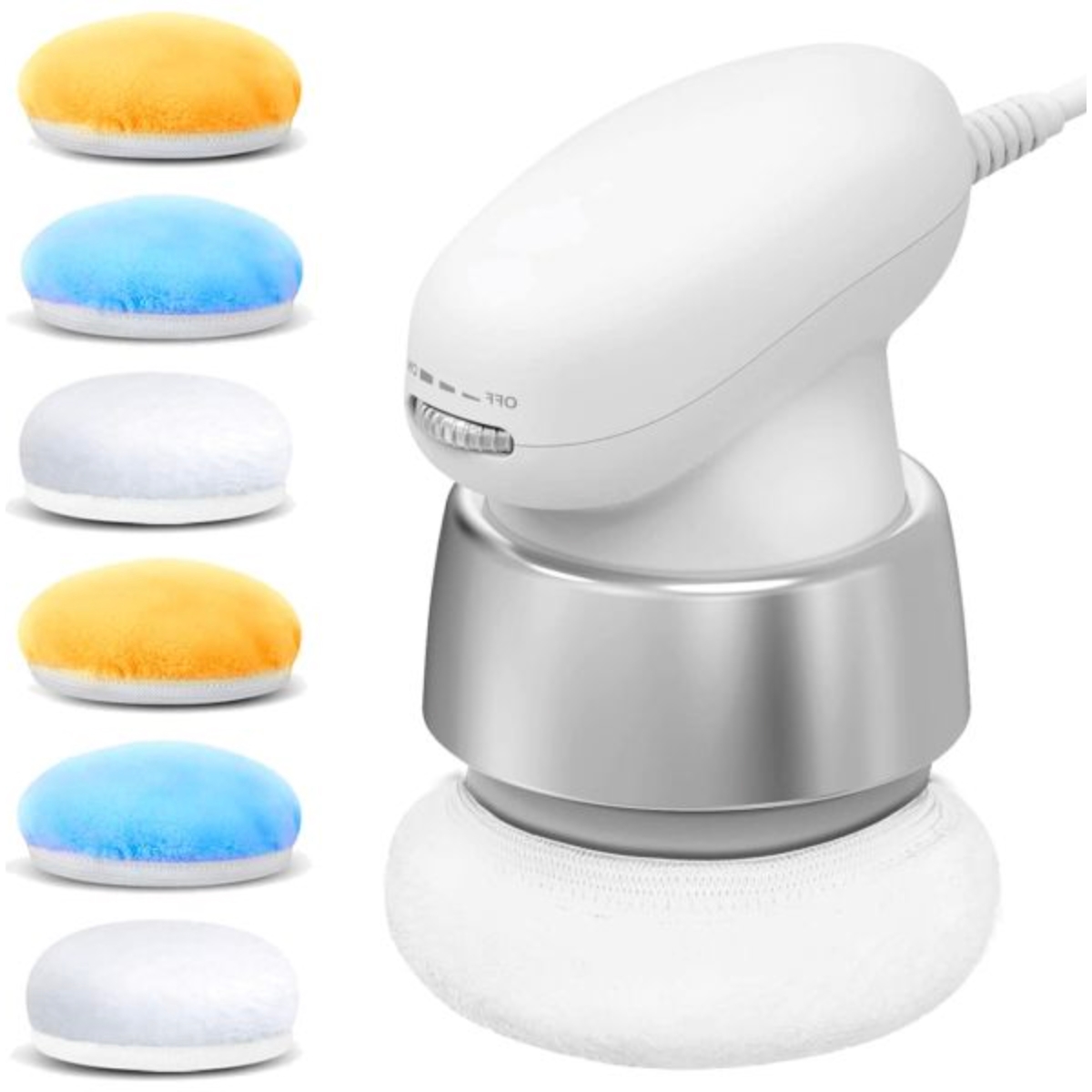 A handheld massager with multiple soft, fluffy attachable pads in various colors, designed for customizable massage experiences. It's cordless and features an adjustable intensity control.