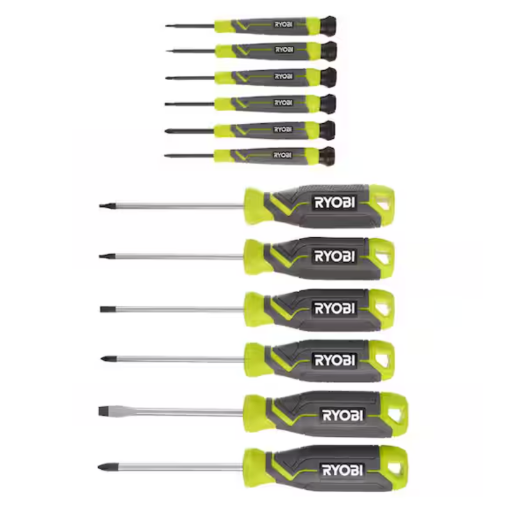 A set of Ryobi screwdrivers featuring different sizes and types, with ergonomic handles in green and black.