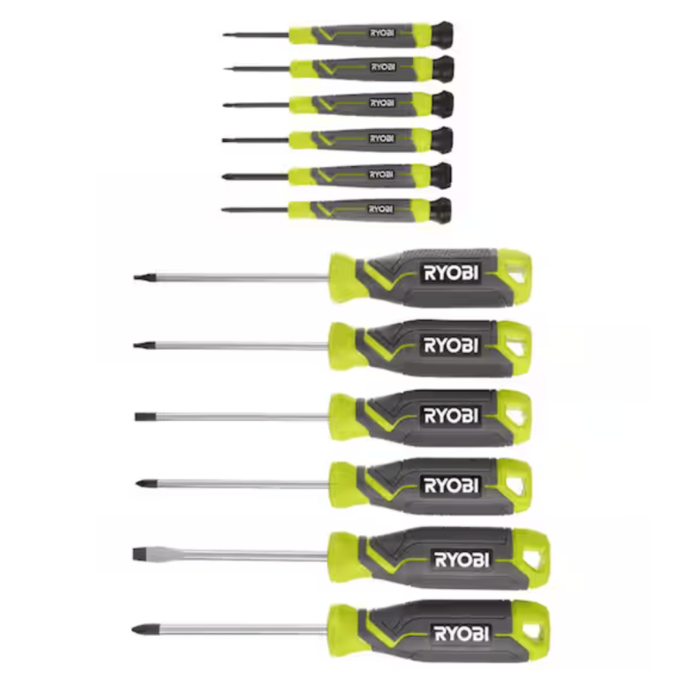 A set of Ryobi screwdrivers featuring different sizes and types, with ergonomic handles in green and black.