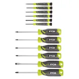 A set of Ryobi screwdrivers featuring different sizes and types, with ergonomic handles in green and black.