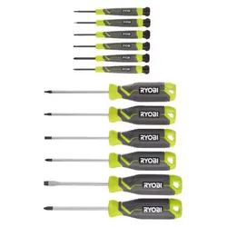 A set of Ryobi screwdrivers featuring different sizes and types, with ergonomic handles in green and black.