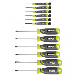 A set of Ryobi screwdrivers featuring different sizes and types, with ergonomic handles in green and black.