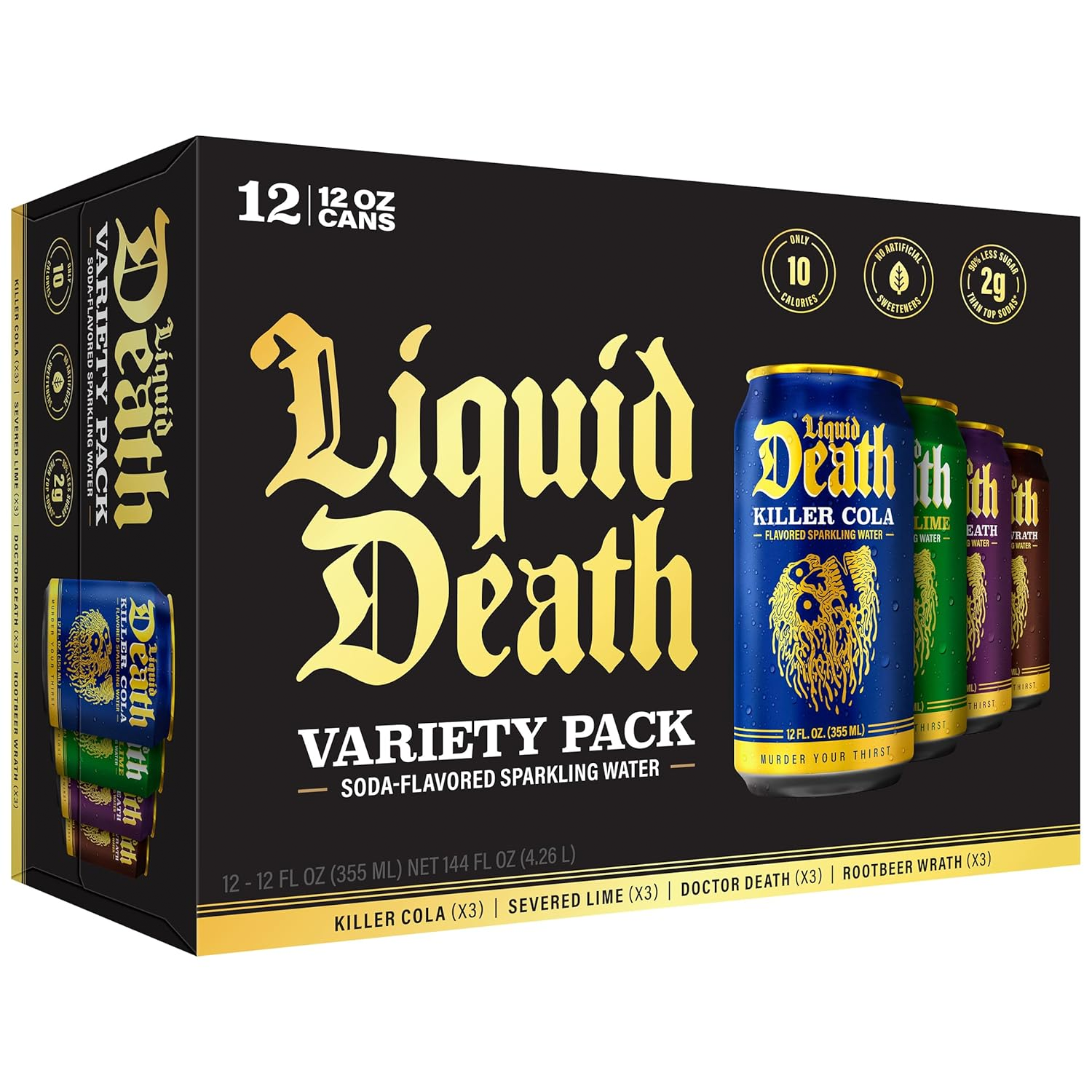Liquid Death Variety Pack includes 12 cans of soda-flavored sparkling water with four flavors: Killer Cola, Severed Lime, Doctor Death, and Rootbeer Wrath. Each can is 12 oz, with features like 10 calories, no artificial sweeteners, and 2g sugar.