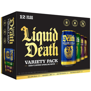 Liquid Death Variety Pack includes 12 cans of soda-flavored sparkling water with four flavors: Killer Cola, Severed Lime, Doctor Death, and Rootbeer Wrath. Each can is 12 oz, with features like 10 calories, no artificial sweeteners, and 2g sugar.