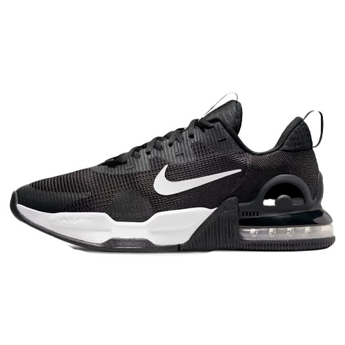 Black Nike athletic shoe with a white swoosh logo, featuring a visible Air unit in the heel for cushioning and a pull tab on the heel for easy slip-on.