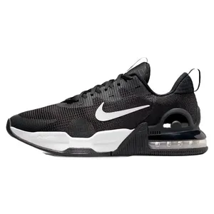 Black Nike athletic shoe with a white swoosh logo, featuring a visible Air unit in the heel for cushioning and a pull tab on the heel for easy slip-on.