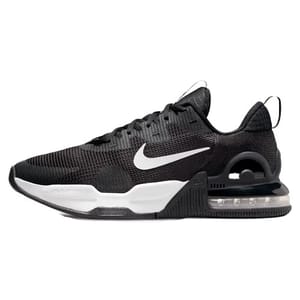 Black Nike athletic shoe with a white swoosh logo, featuring a visible Air unit in the heel for cushioning and a pull tab on the heel for easy slip-on.