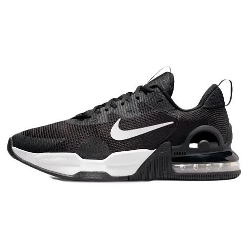 Black Nike athletic shoe with a white swoosh logo, featuring a visible Air unit in the heel for cushioning and a pull tab on the heel for easy slip-on.