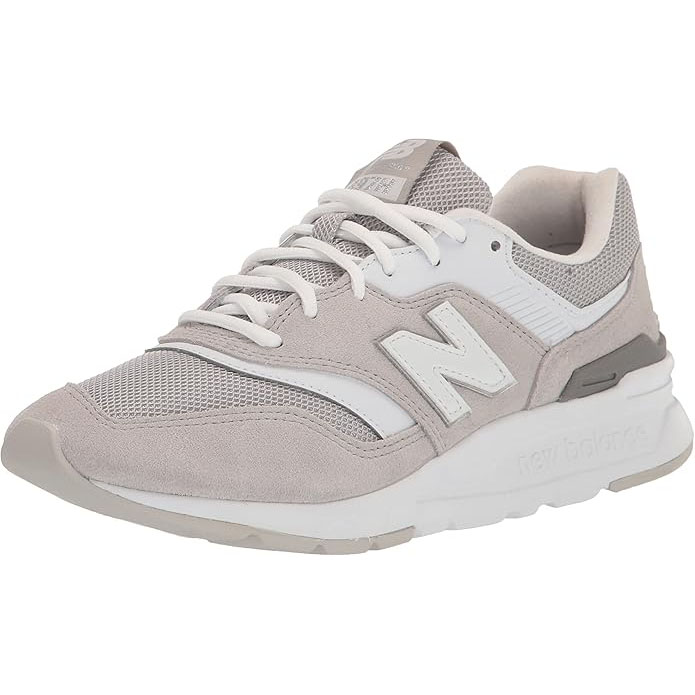 A light gray and white New Balance sneaker featuring mesh and suede materials, with the iconic \“N\“ logo on the side and a cushioned sole for comfort.