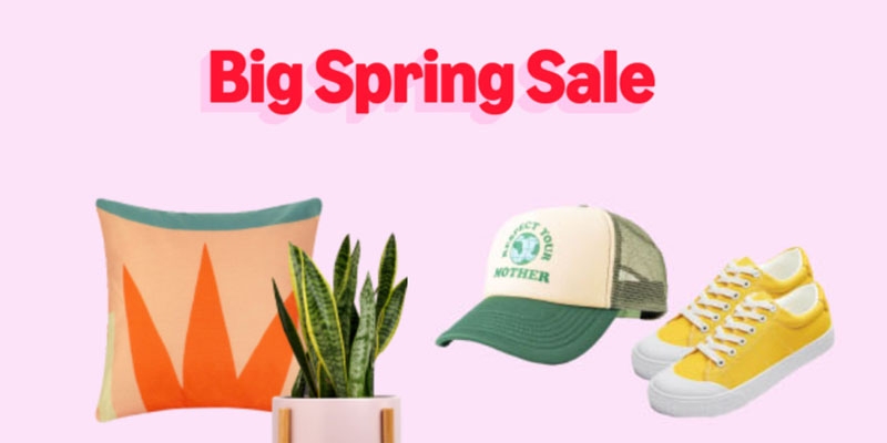 The text "Big Spring Sale" with a colorful cushion, a potted plant, a white and green cap, and yellow sneakers.