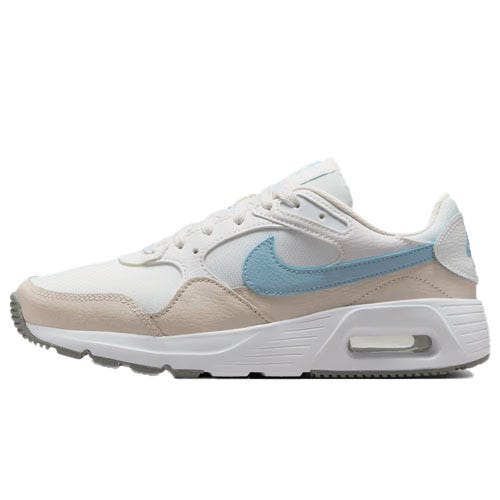 White and beige sneaker with a light blue swoosh, featuring a lace-up design and visible sole cushioning.